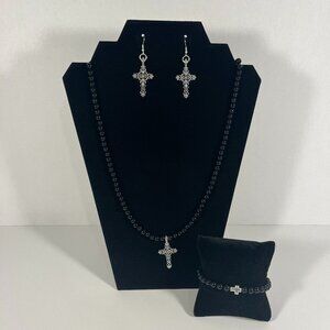 Jewelry Set (Necklace, Bracelet, and Earrings) Silver Cross Black Beads NWT